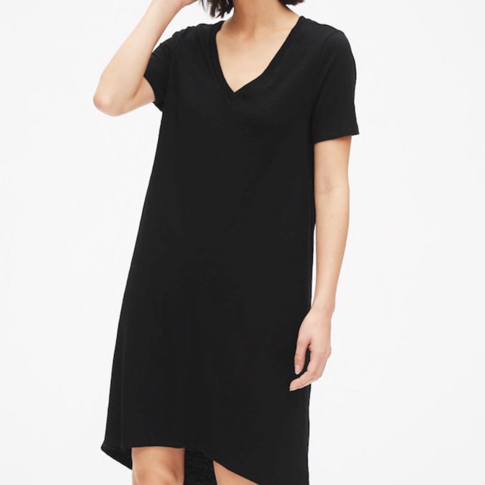 V Neck Short Sleeve Black Summer Tee Shirt Midi Dress